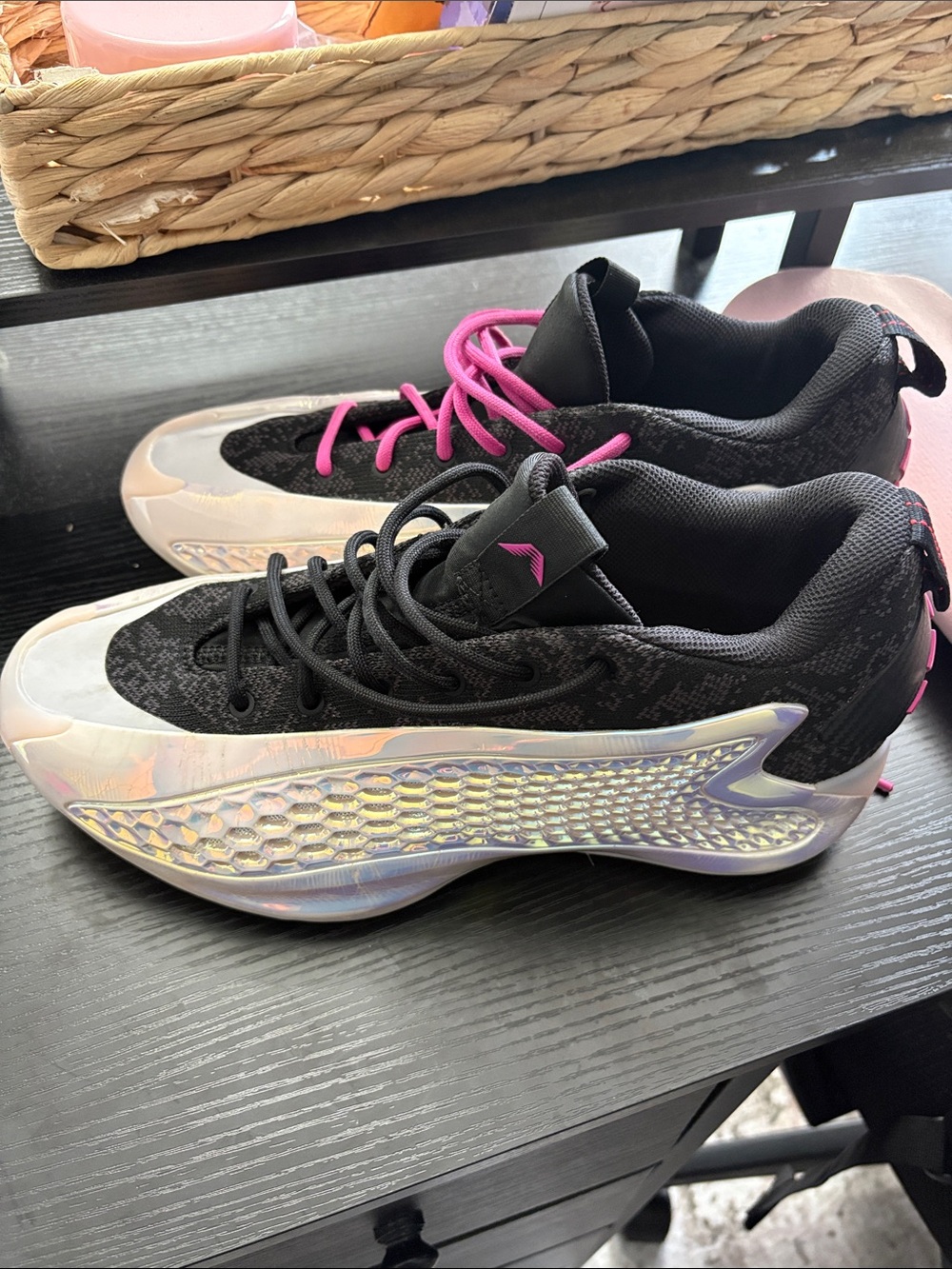 adidas Black Athletic Sneakers with Pink Laces and Iridescent Panels